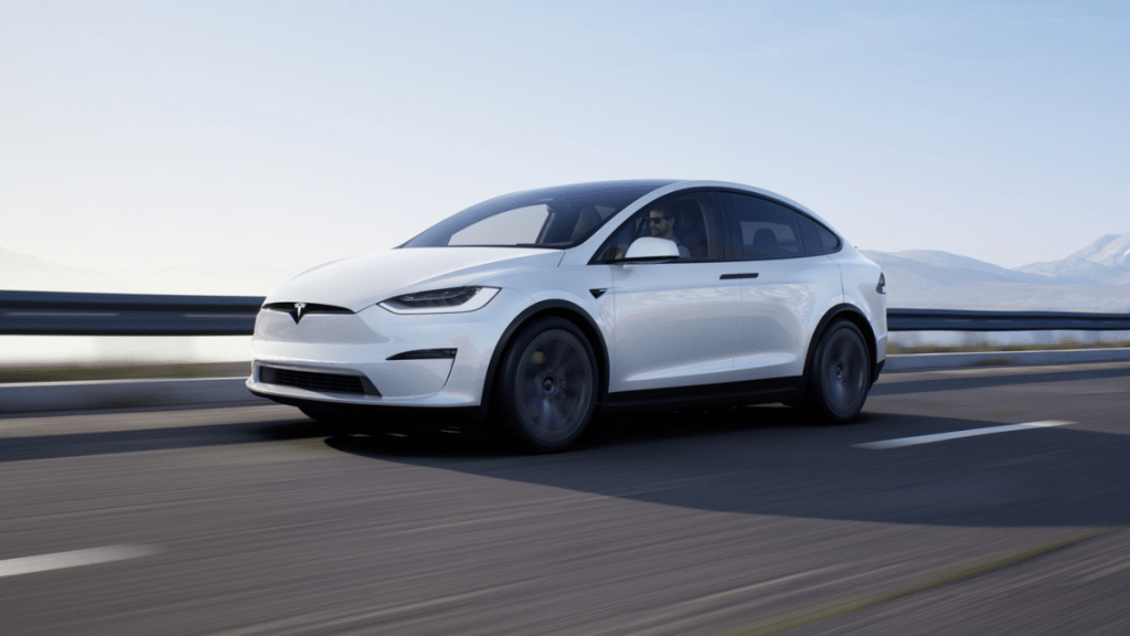 Pearl White 2022 Tesla Model X with mountains in the background