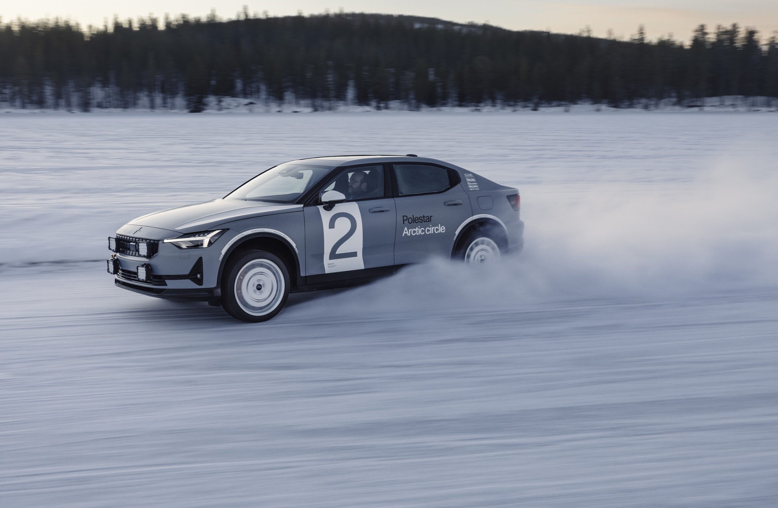 A Polestar 2 electric car undergoes winter testing in the Arctic Circle