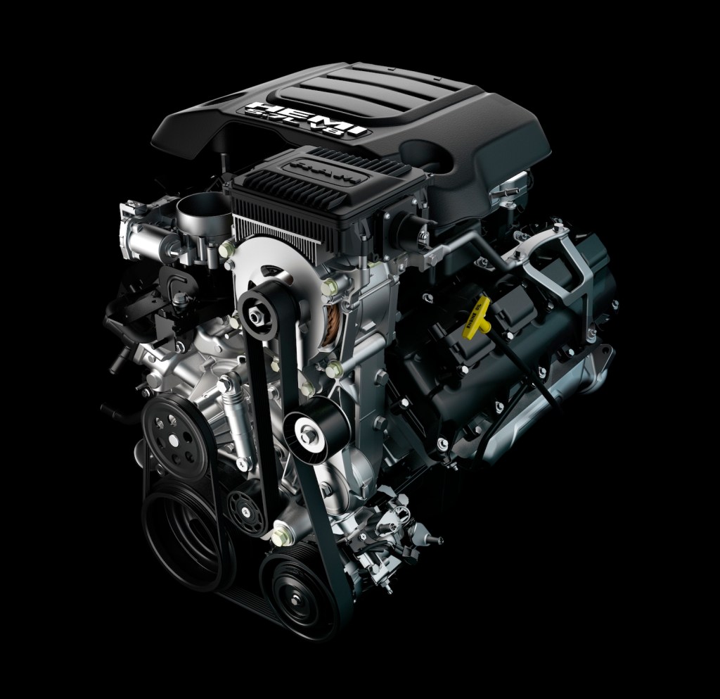 A 5.7L HEMI V8 engine out of a Ram 1500 with a mild-hybrid eTorque electric motor attached.