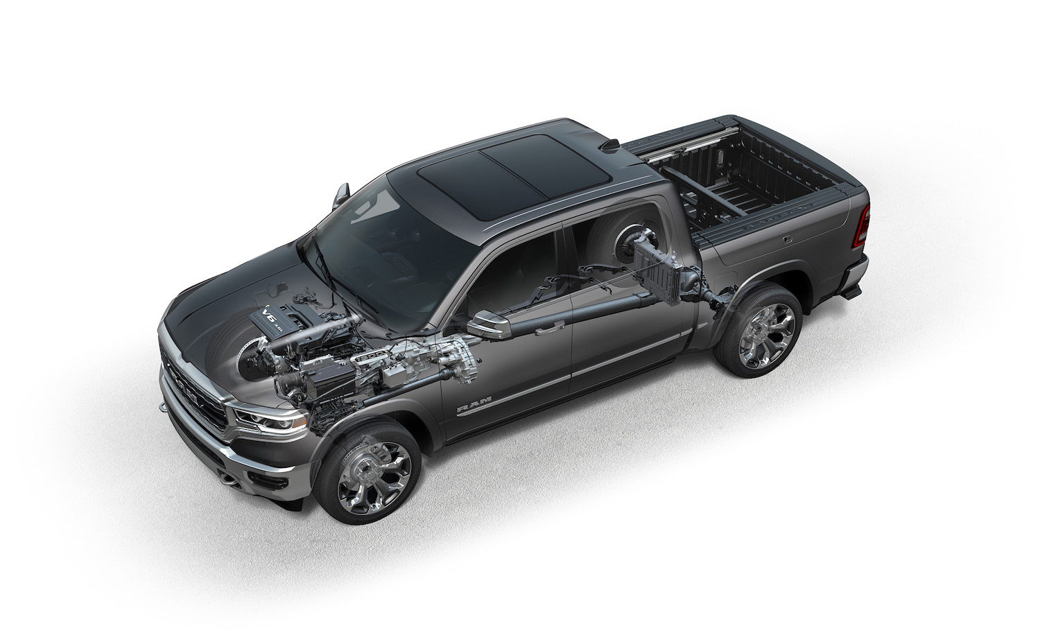 A cutaway of a 2022 Ram 1500 pickup truck with its eTorque mild hybrid components visible.