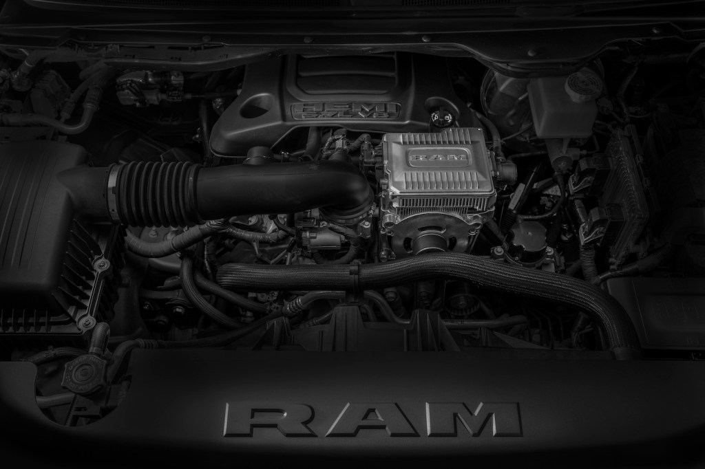 Engine bay of a Ram 1500 pickup truck with its eTorque mild hybrid system visible.