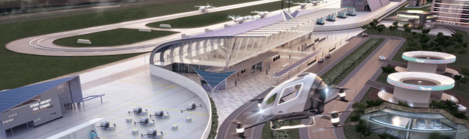 Rolls-Royce future airport concept art with aircrafts and airplanes