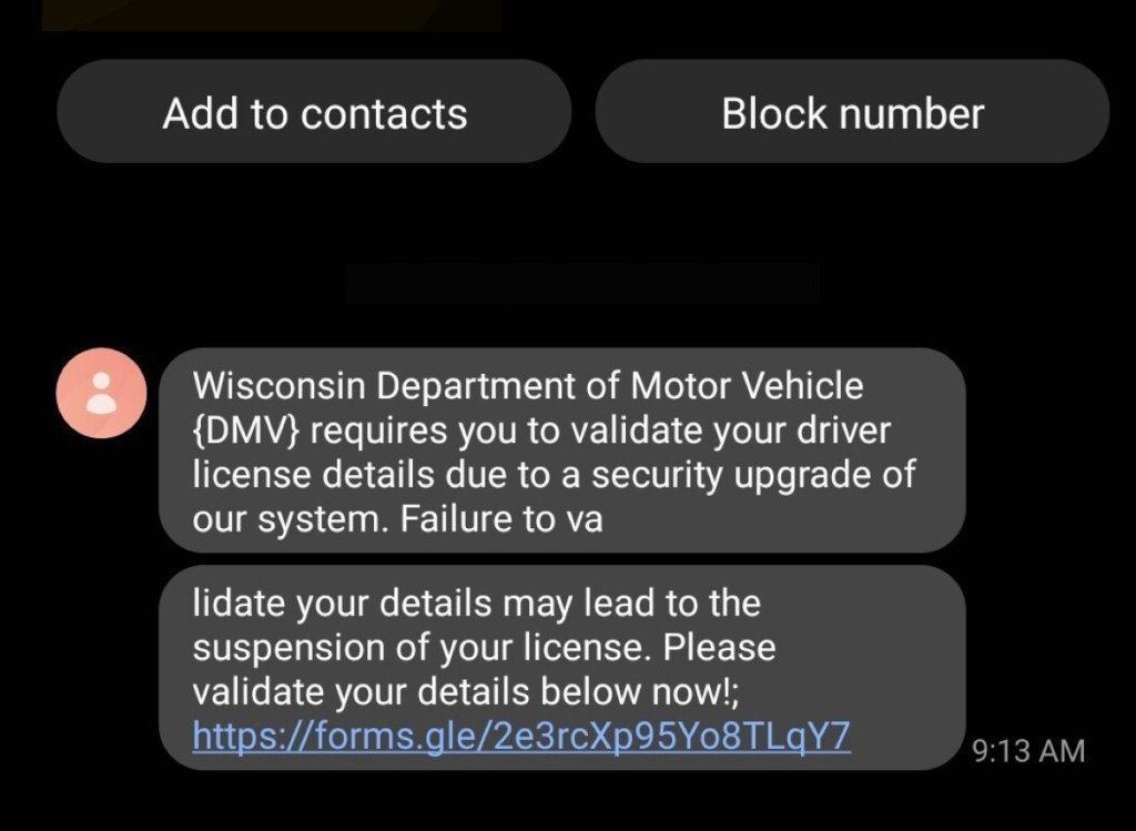 Smishing text scam that falsly claims to be from the DMV