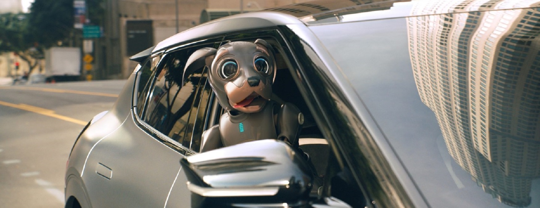 A brown robot dog sticking its head out of a 2022 Kia EV6.