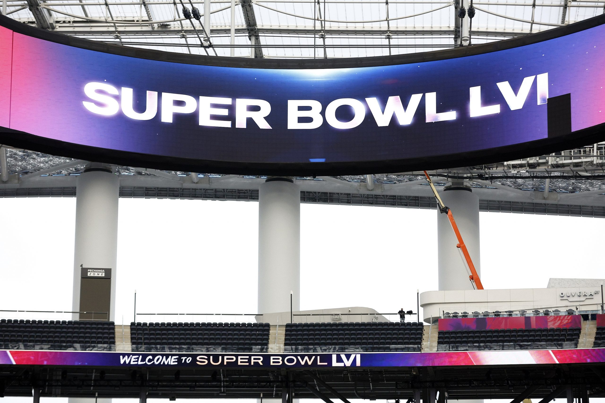 A banner in SoFi Stadium showing the text "Welcome to Super Bowl LVI"