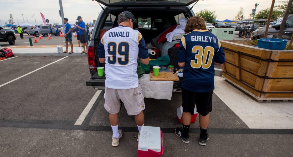 Ram fans tailgate before the Rams vs. Chargers game at SoFi Stadium.