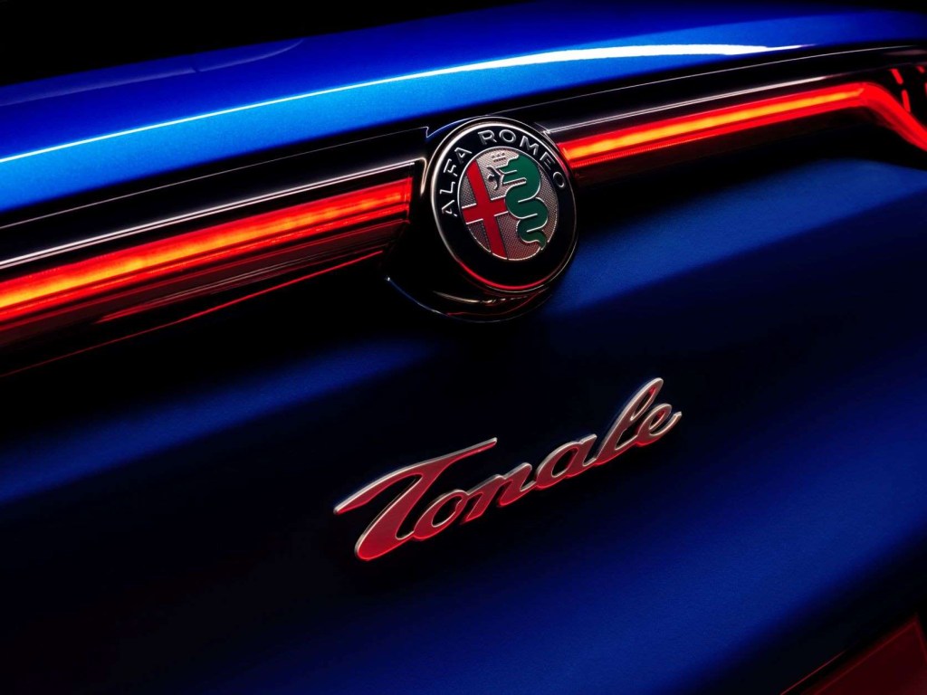 Taillight and badges on blue 2022 Alfa Romeo Tonale