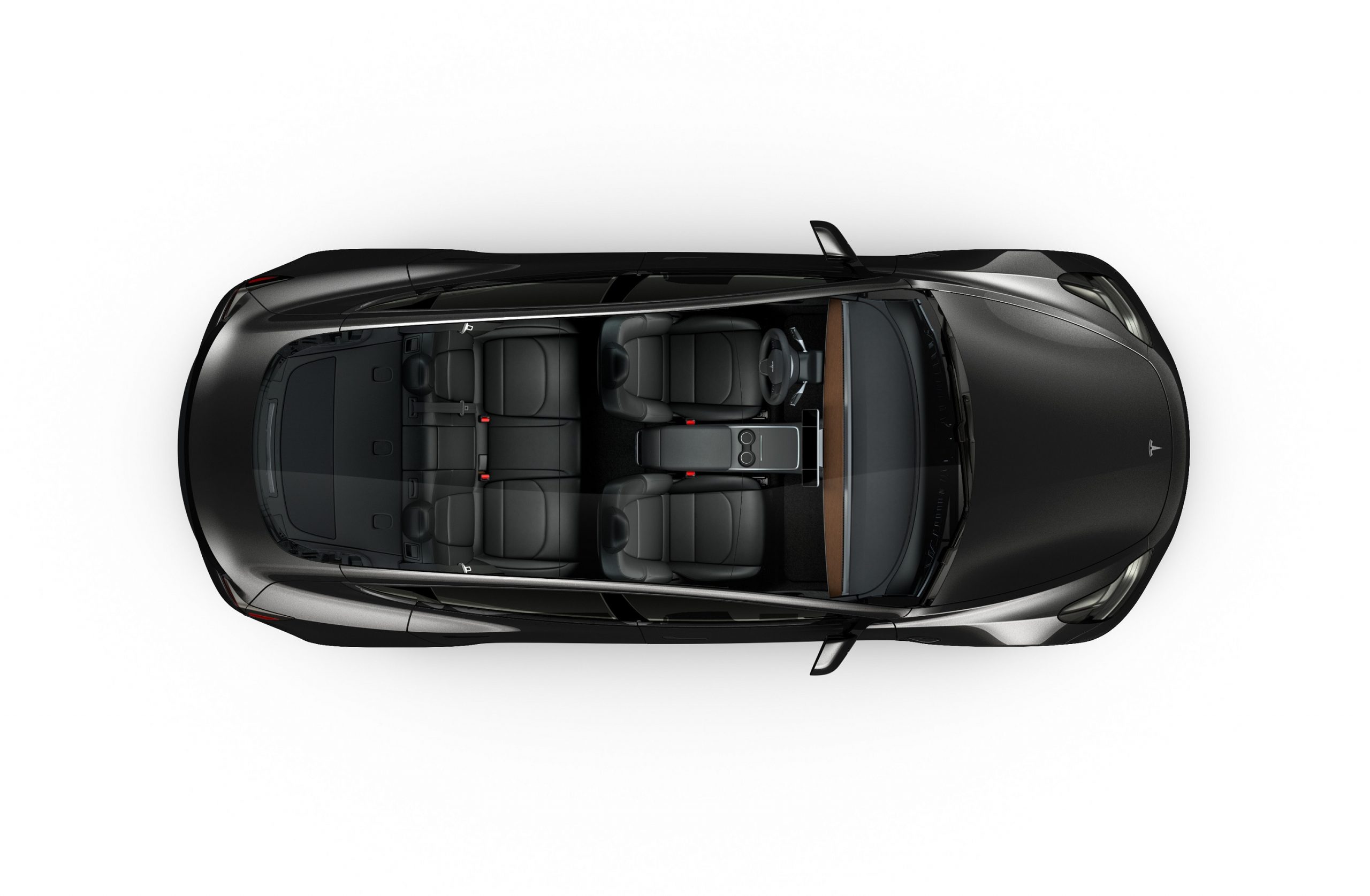 A top-down shot of a black Tesla Model 3