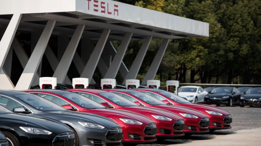 A Tesla dealership with a lineup of Model S vehicles in Shanghai, China