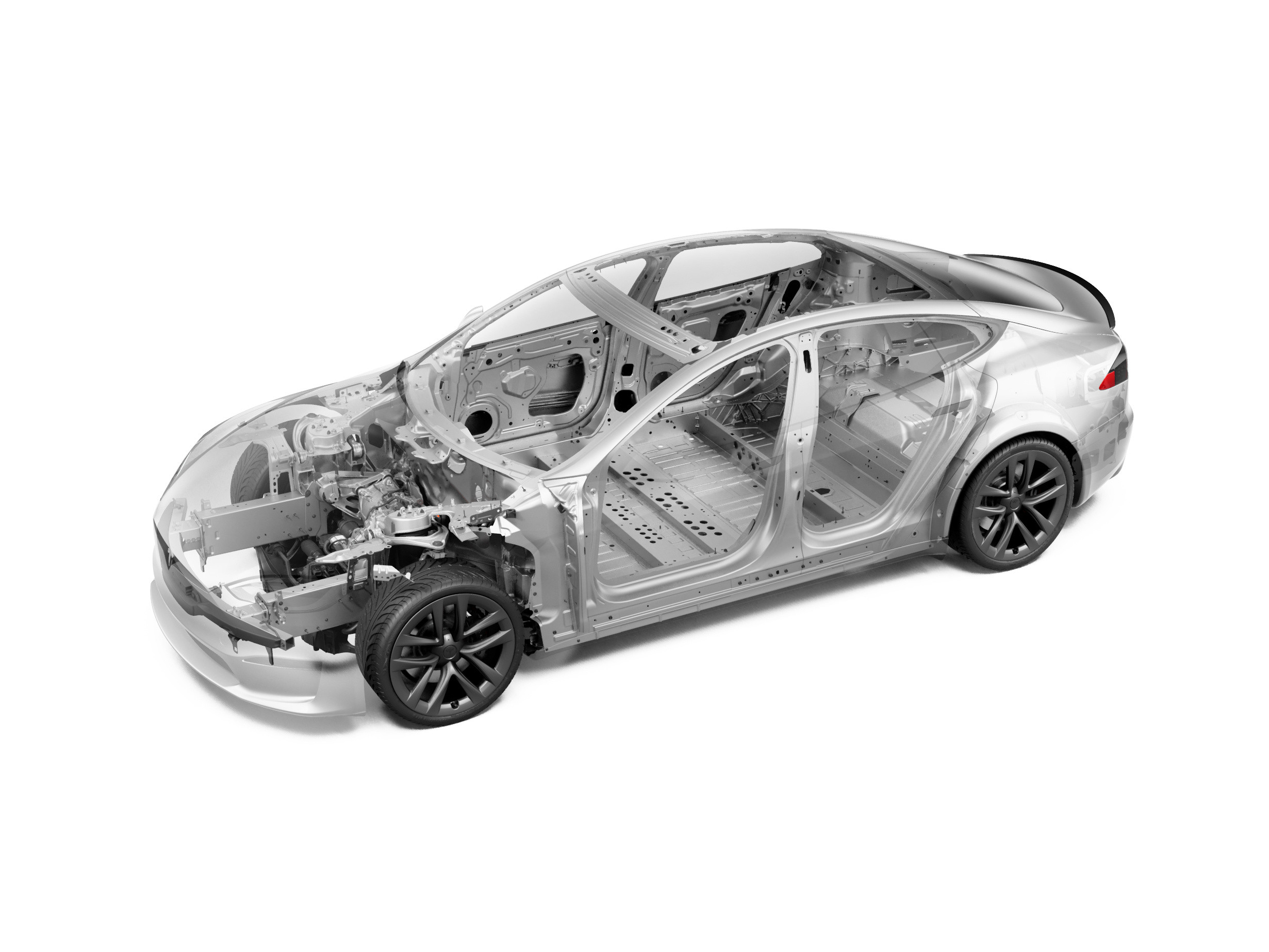 A cutaway of the Tesla Model S substructure and frame