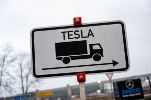 A Tesla truck sign at the Tesla Gigafactory in Brandenburg, Grünheide, Germany