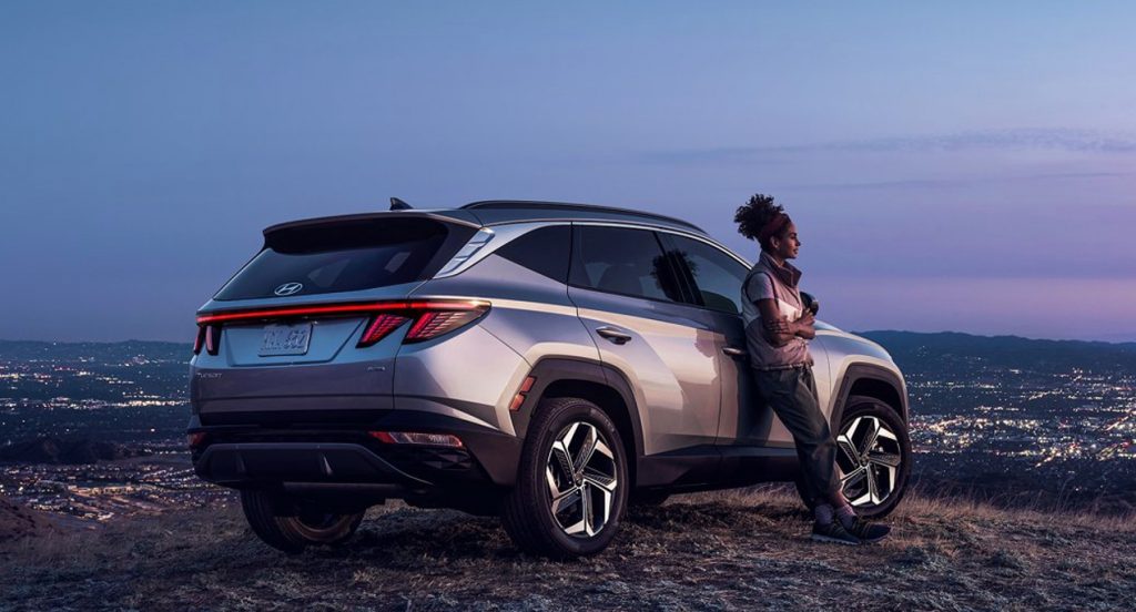 A gray 2022 Hyundai Tucson SUV is parked. 
