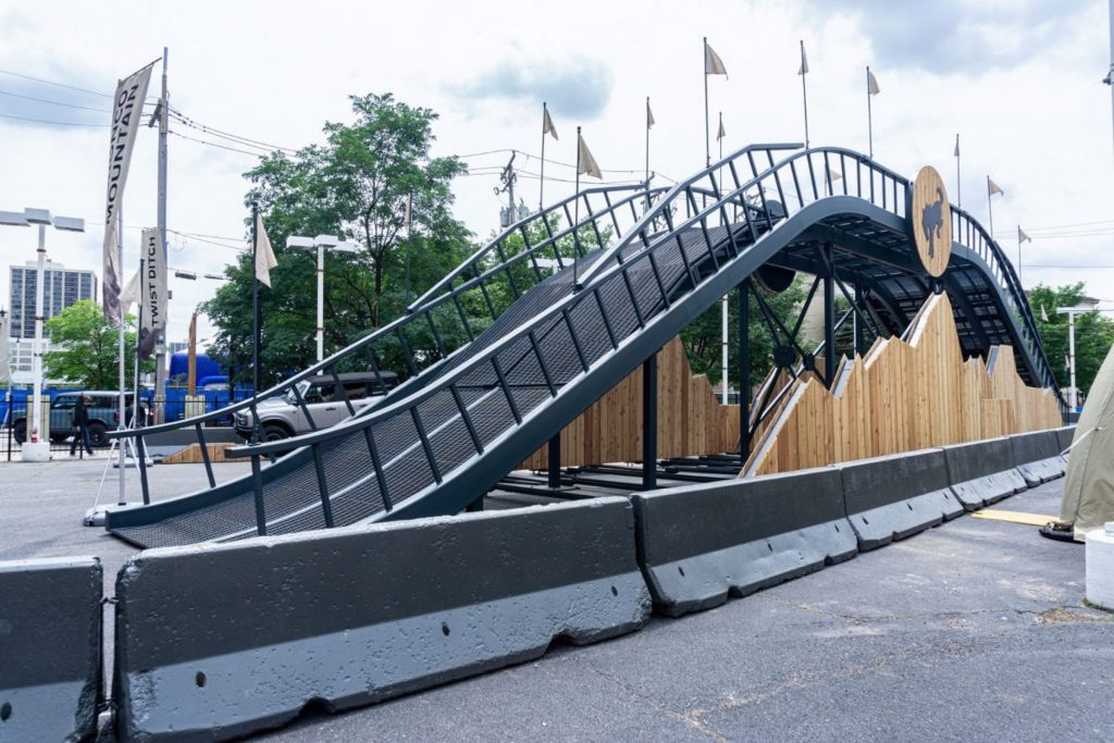 The main ramp of the Ford Bronco outdoor off-road course at the 2021 Chicago Auto Show