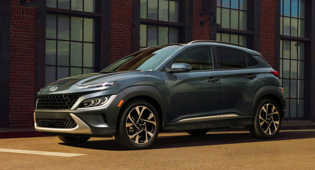 A blue 2022 Hyundai Kona subcompact SUV is parked.