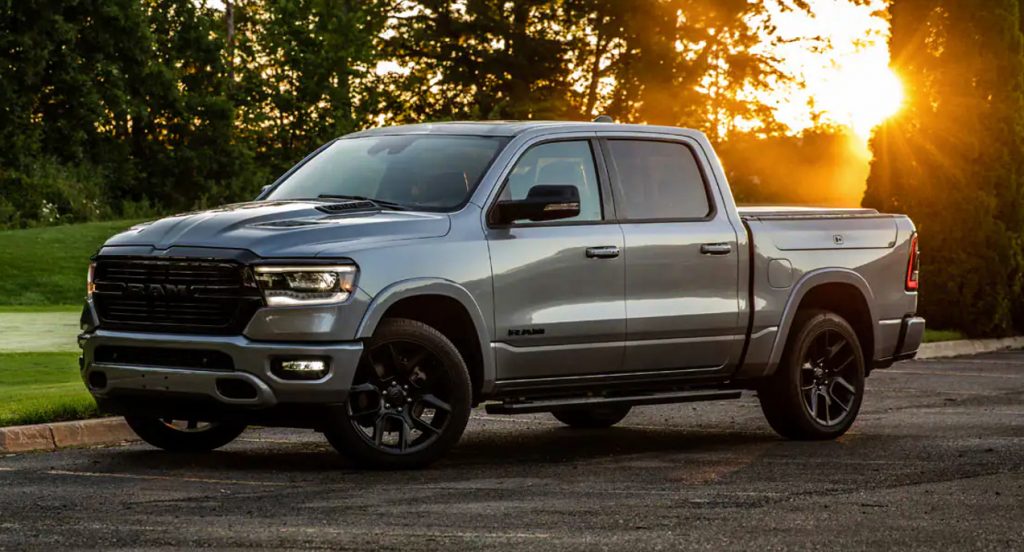 A gray 2022 Ram 1500 full-size pickup truck is parked. 