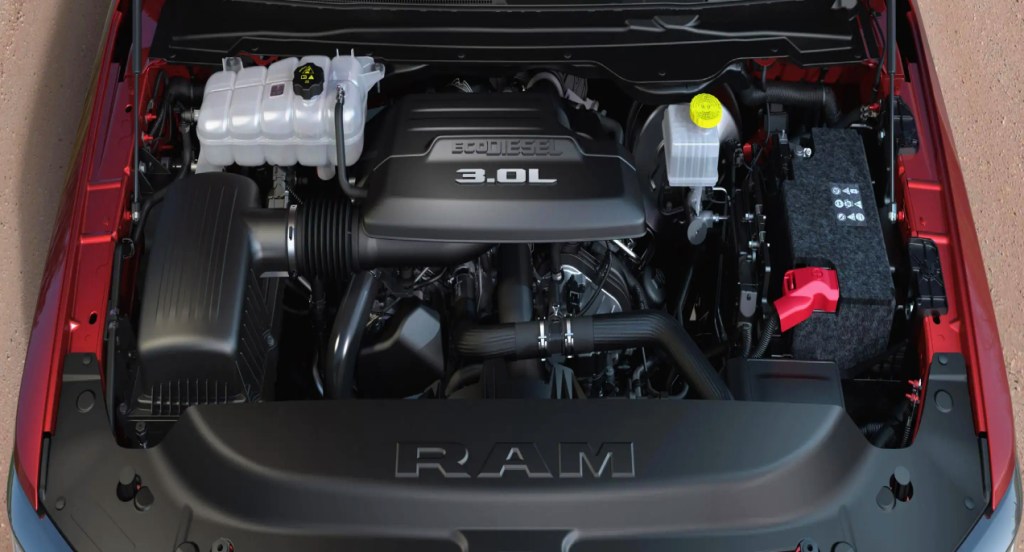 A Ram 1500 EcoDiesel engine in a red Ram 1500. 