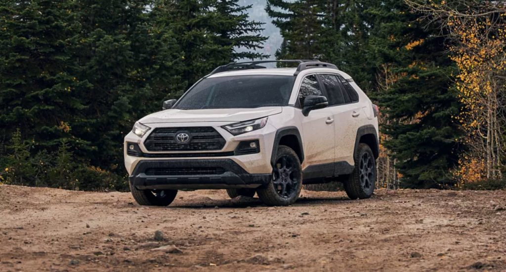 A white 2022 Toyota RAV4 compact SUV is parked outdoors. 