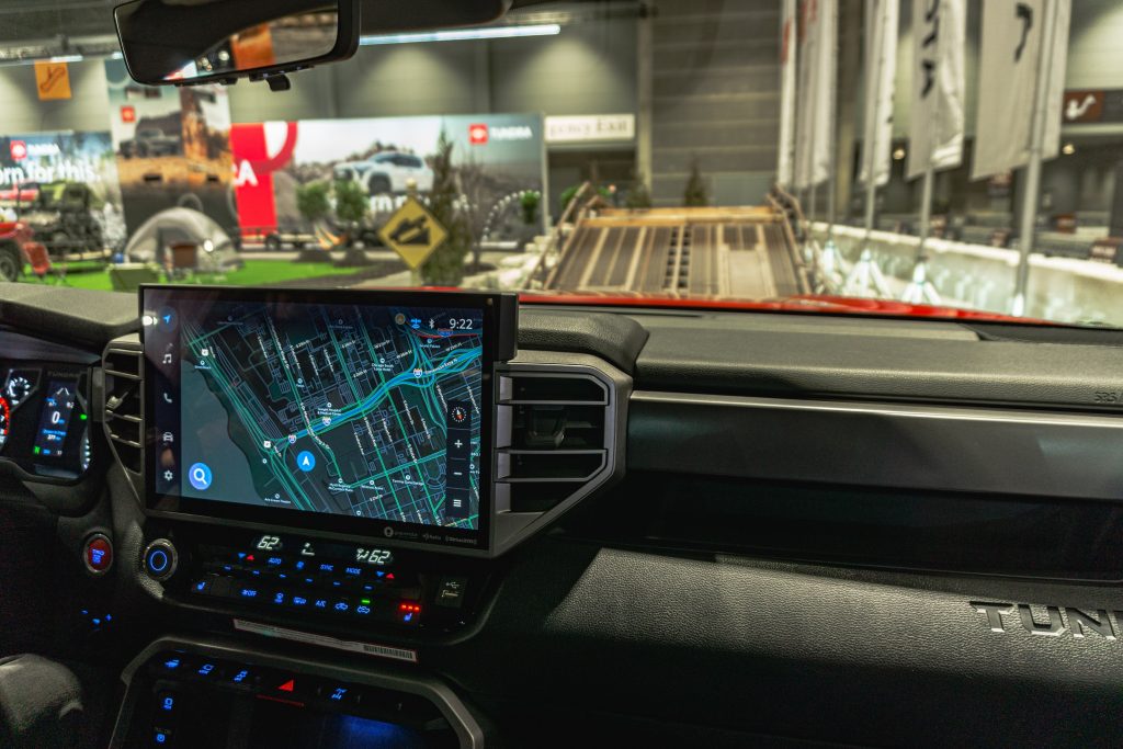 A 2022 Toyota Tundra Limited's dashboard at the 2022 Chicago Auto Show test track ramp