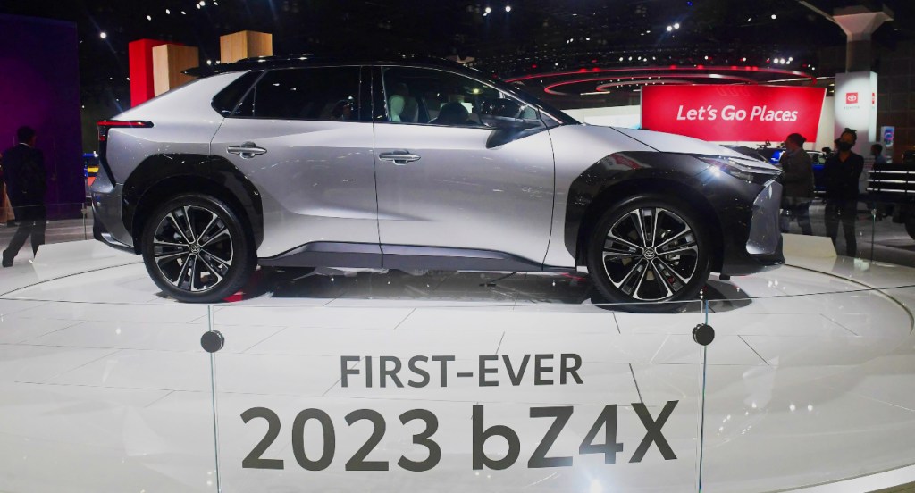 A gray 2023 Toyota bZ4X electric SUV is on display. 
