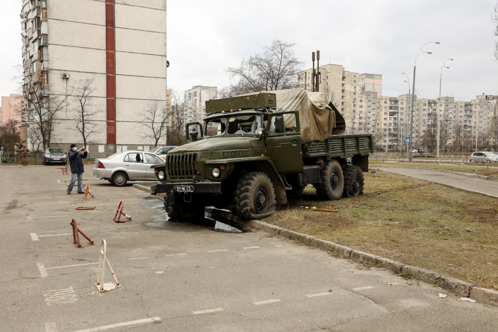 Russian military vehicle busted up in the streets of Kyiv, Ukraine 
