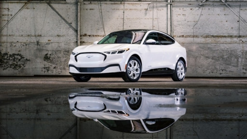 White 2022 Ford Mustang Mach-E, highlighting advantages of EVs over gas-powered cars