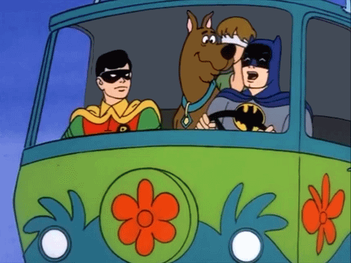 Batman and Robin in the Scooby-Doo Mystery Machine