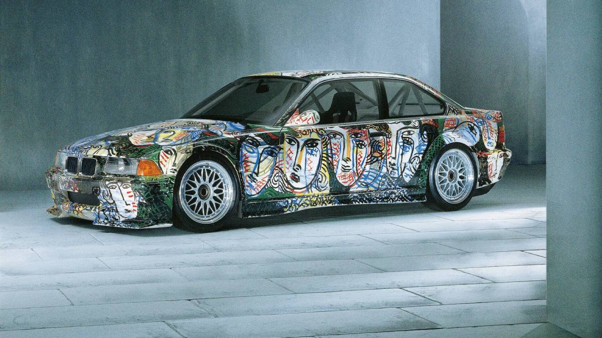 A profile view of the 1992 BMW M3 GTR race car painted by Italian artist Sandro Chia.