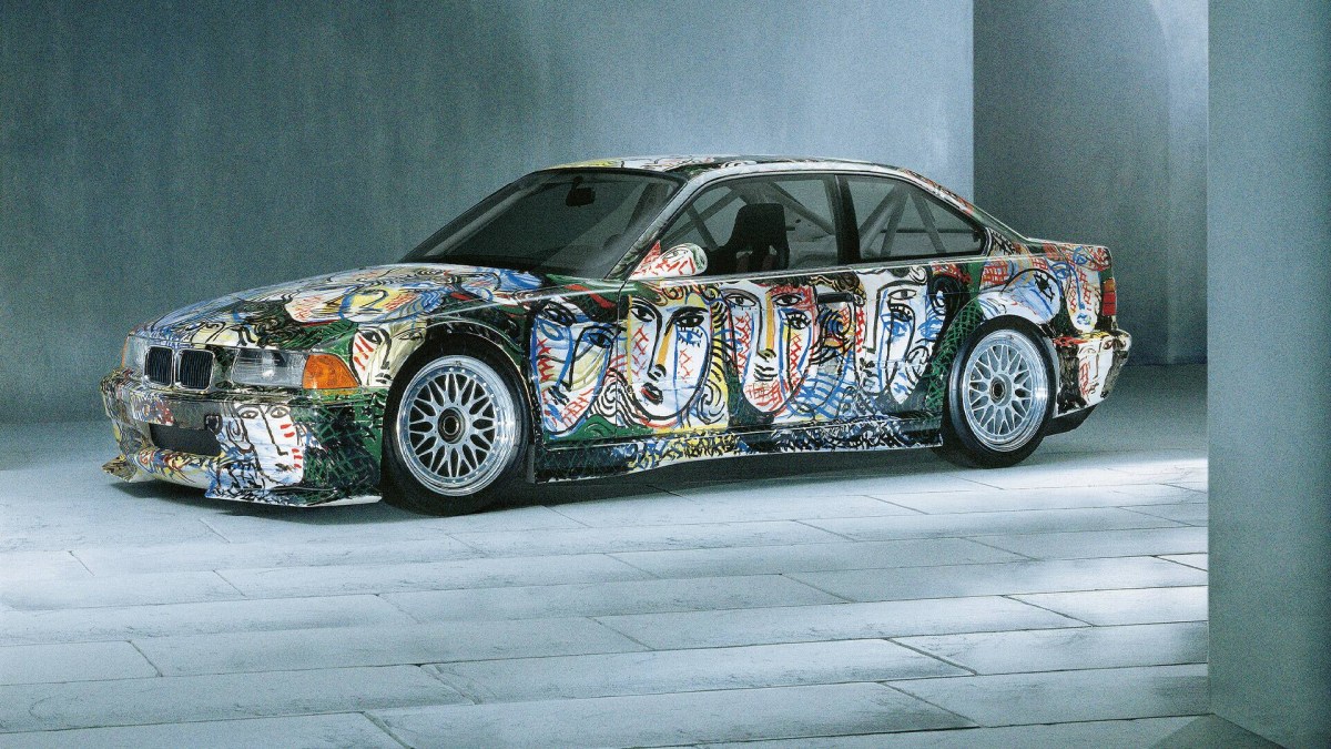A profile view of the 1992 BMW M3 GTR race car painted by Italian artist Sandro Chia.