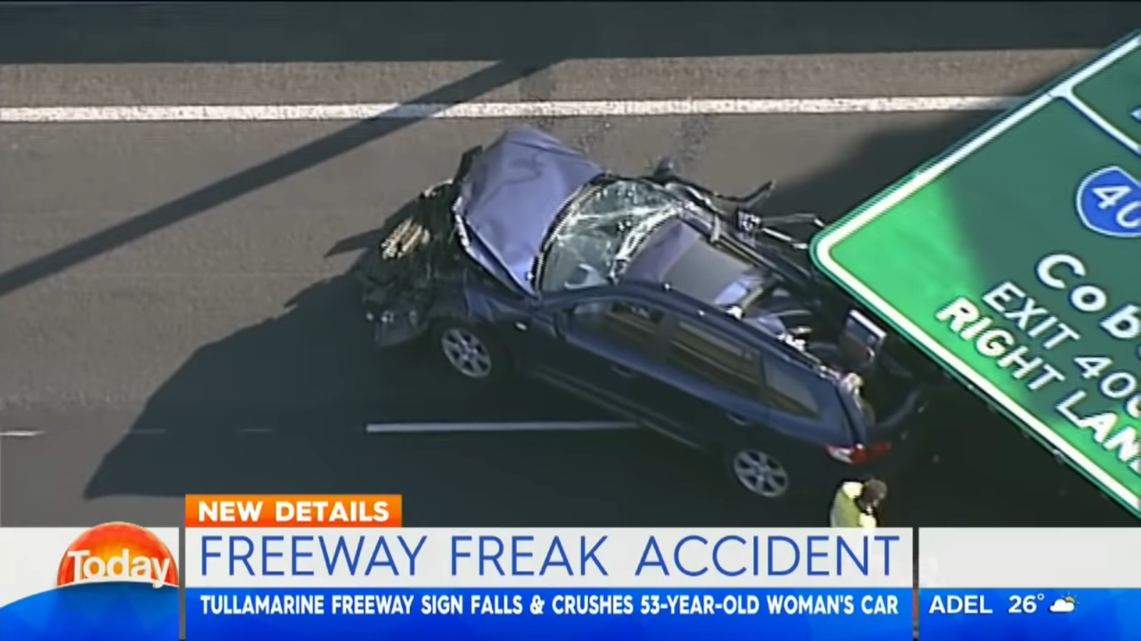 Final Destination-style freak accident on Australian highway causes overhead sign to crush SUV