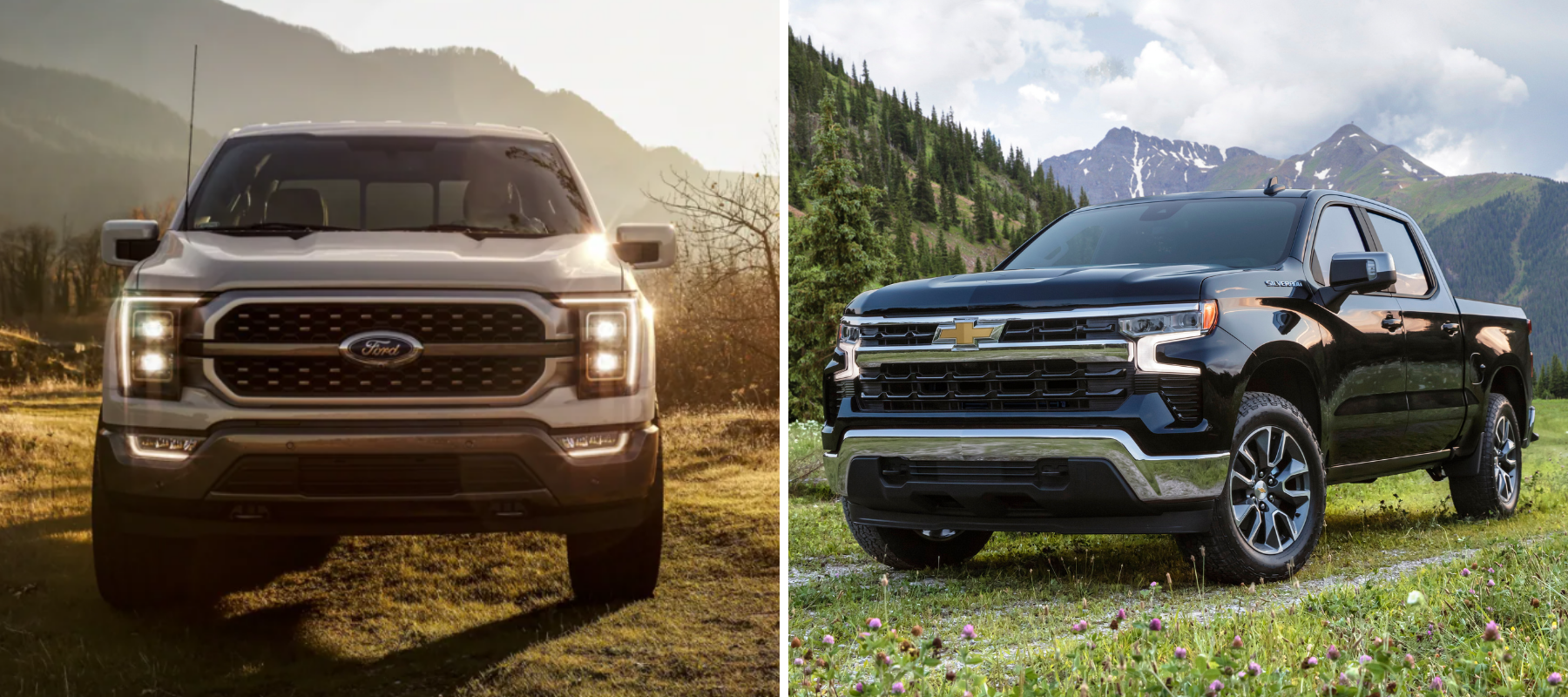 The Ford F-150 King Ranch and Chevrolet Silverado LT full-size pickup trucks