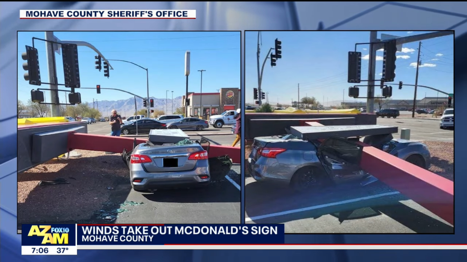 A Nissan Sentra was crushed by a McDonald's sign