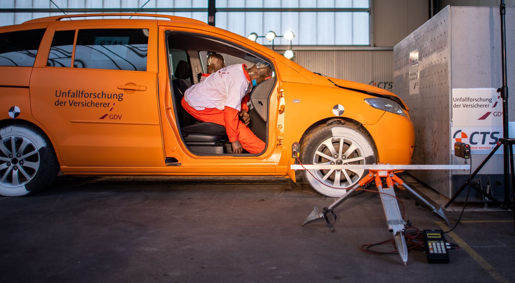 A simulated car crash safety test with a dummy in Muenster, Germany
