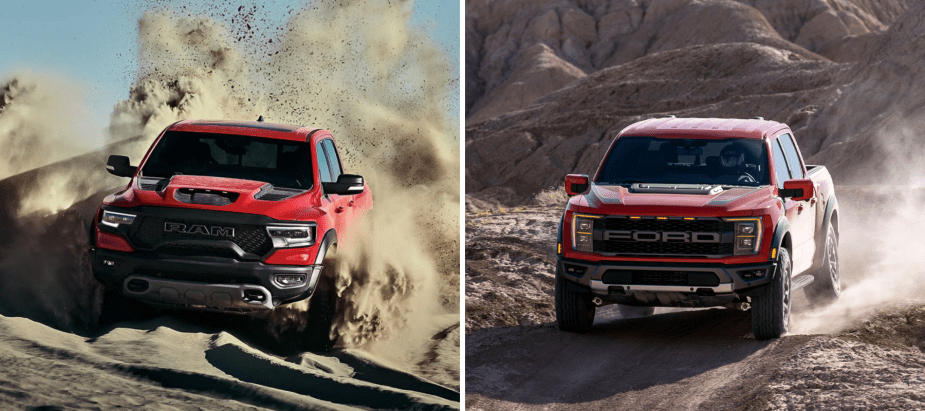 2022 Ram 1500 TRX and 2021 Ford F-150 Raptor off-road performance full-size pickup trucks