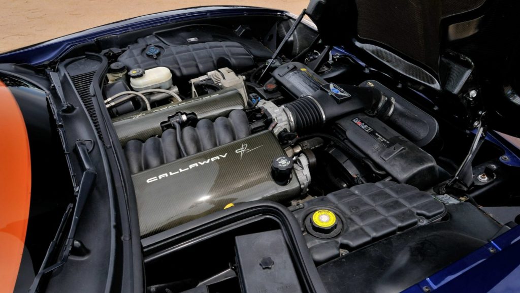 A 1997 Callaway C12's black-and-carbon-fiber-covered LS1 V8