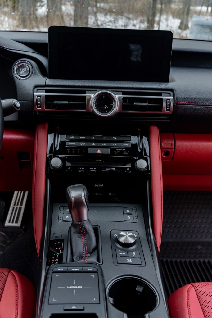 The red-and-black center console in a 2021 Lexus IS 350 AWD F Sport with Dynamic Handling Package