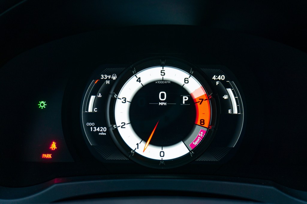 The 2021 Lexus IS 350 AWD F Sport with Dynamic Handling Package's gauge cluster in Sport+ Mode