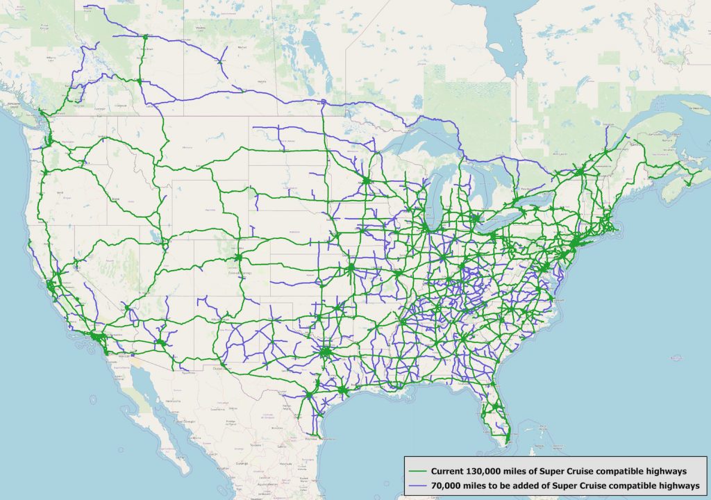 Map of the shortened Super Cruise motorways where GMC's self-driving truck can drive hands-free.