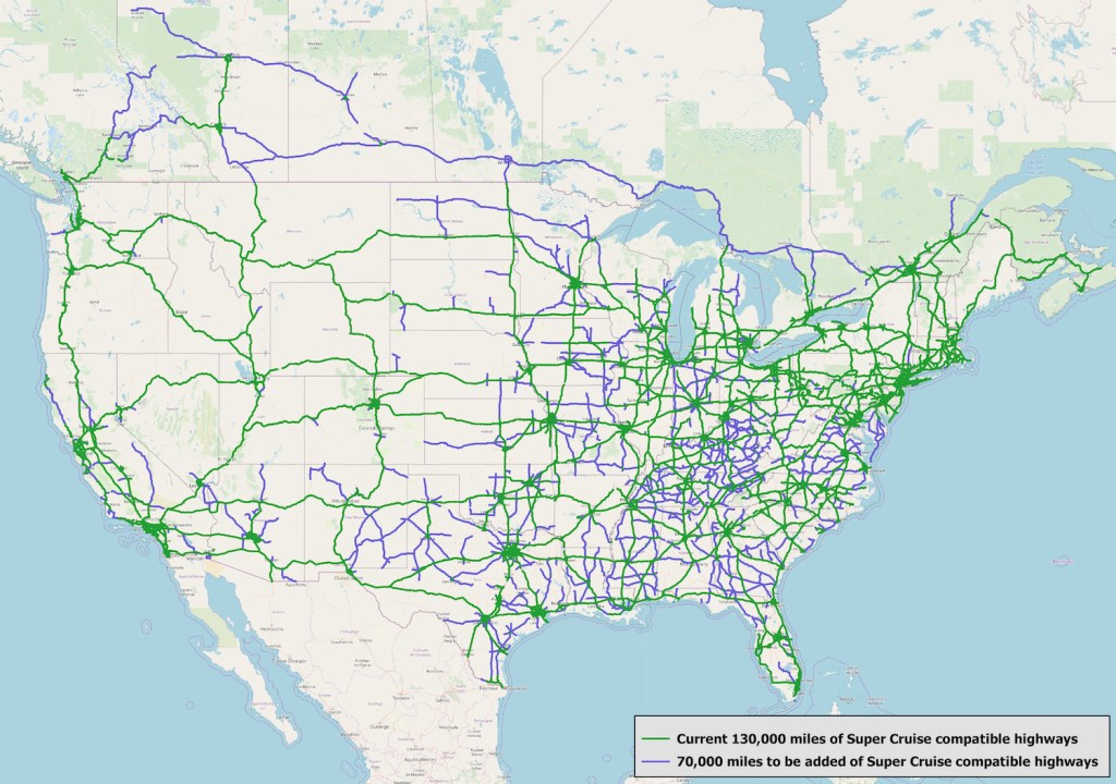 Map of the pre-mapped Super Cruise highways where GMC's self driving truck can operate hands-free.