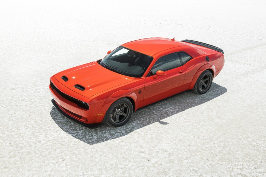 An overhead view of an orange 2022 Dodge Challenger SRT Super Stock