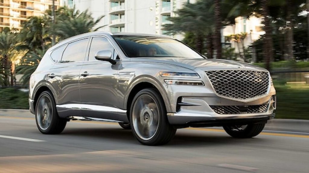 Silver 2022 Genesis GV80 on the road, most frequently asked questions about the three-row luxury SUV