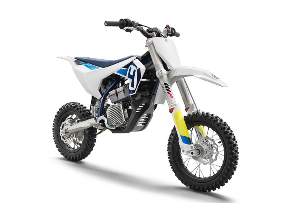 A white-and-blue 2022 Husqvarna EE 5 electric dirt bike