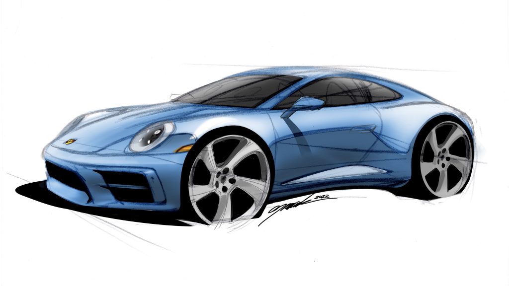 An initial sketch of the blue 2022 Porsche 911 Sally Carrera Tribute