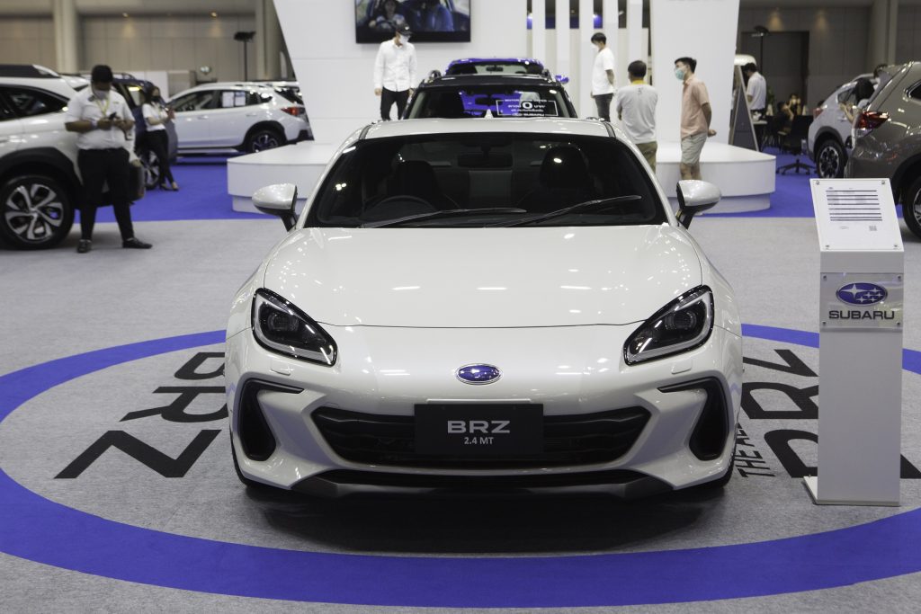 White 2022 Subaru BRZ at an auto show