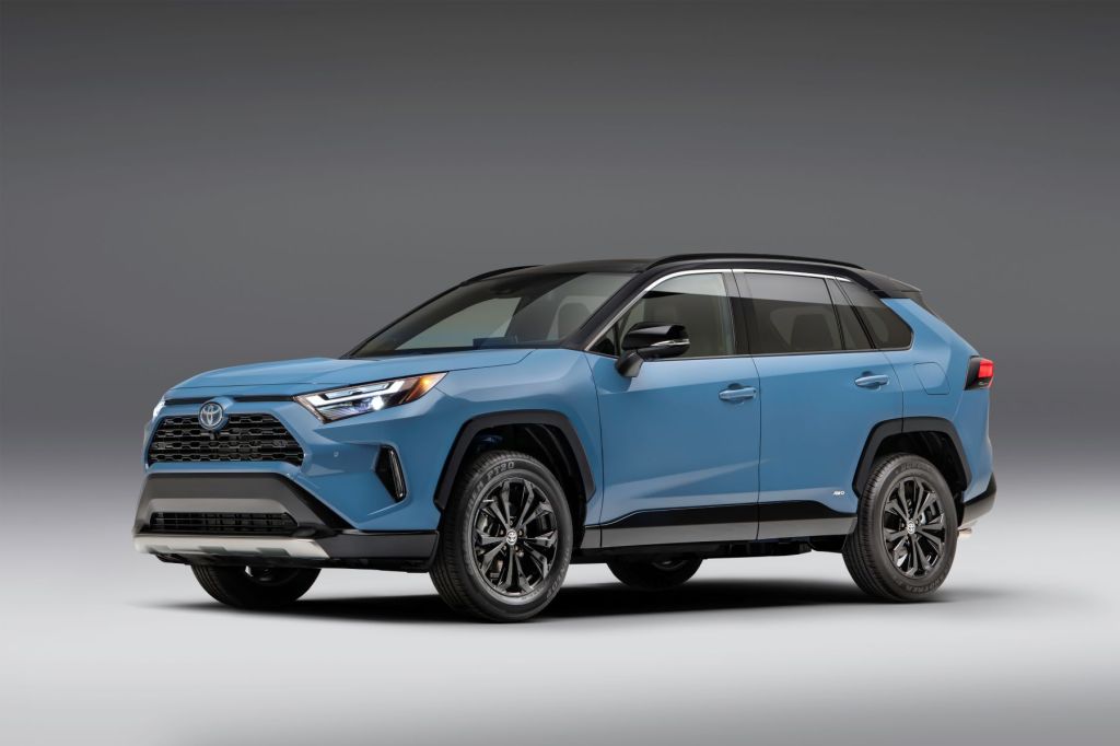 Promotion shot of the 2022 Toyota RAV4 XSE compact SUV in blue