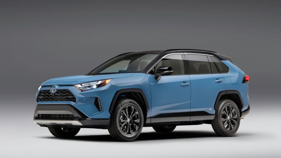 Promotion shot of the 2022 Toyota RAV4 XSE compact SUV in blue
