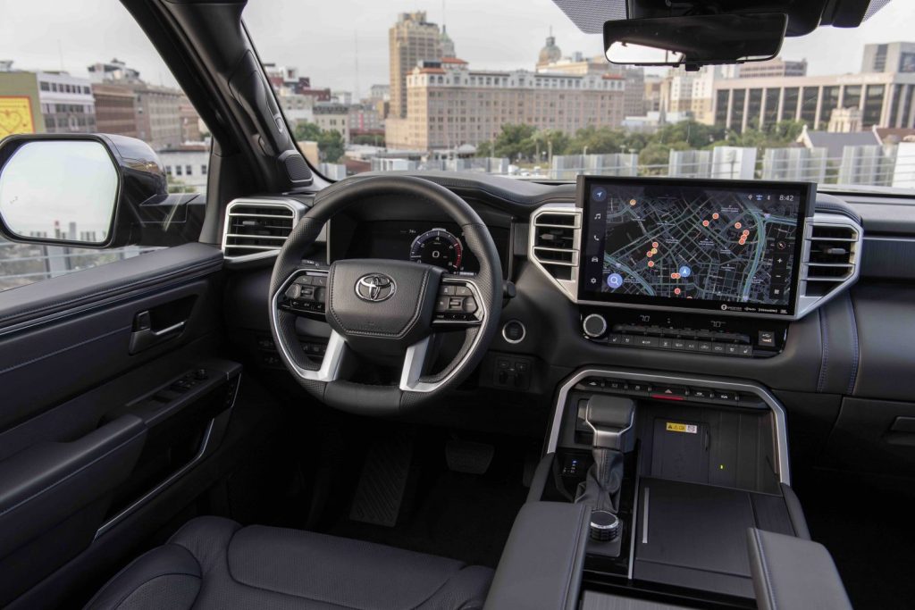Interior of an all-new Toyota Tundra pickup truck with adaptive cruise control.