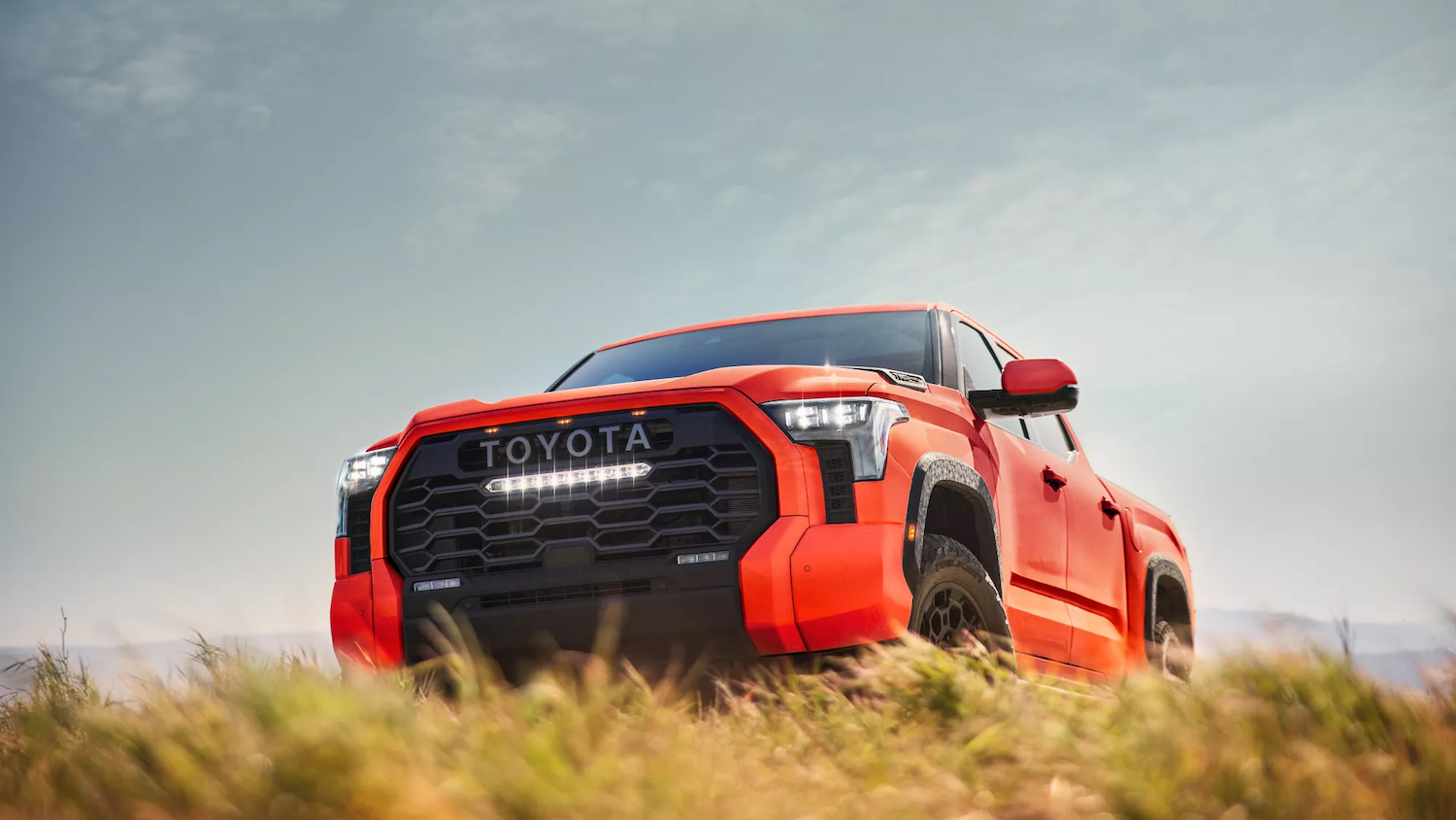 The unique TRD Pro grille of an orange Toyota Tundra pickup truck just visible through the grass on a hilltop. 