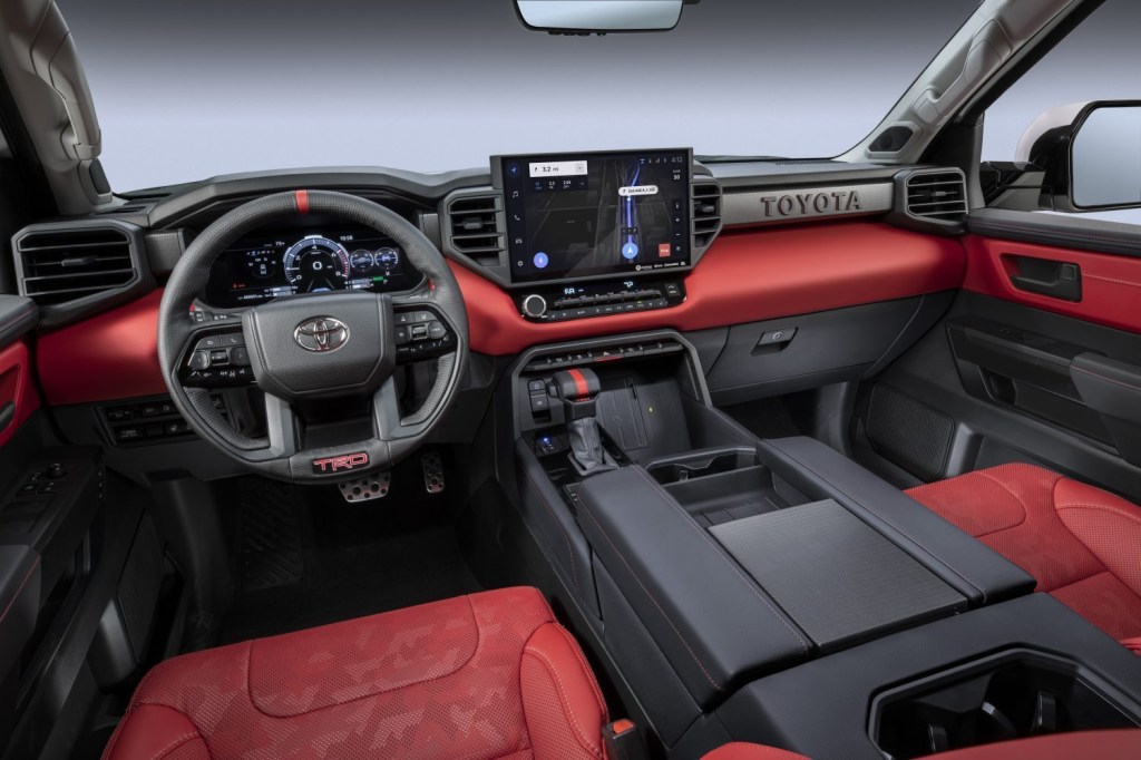 The red leather interior of Toyota's flagship Tundra, the TRD Pro.