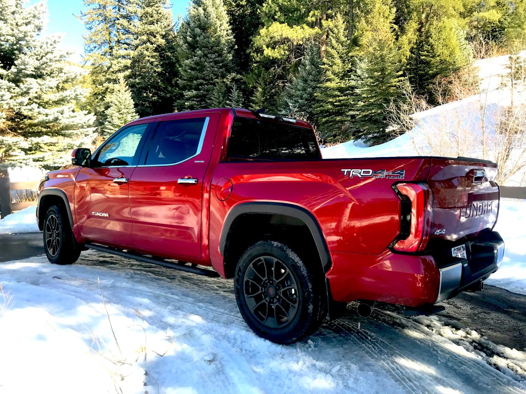 2022 Toyota Tundra rear corner shot in the woods and snow