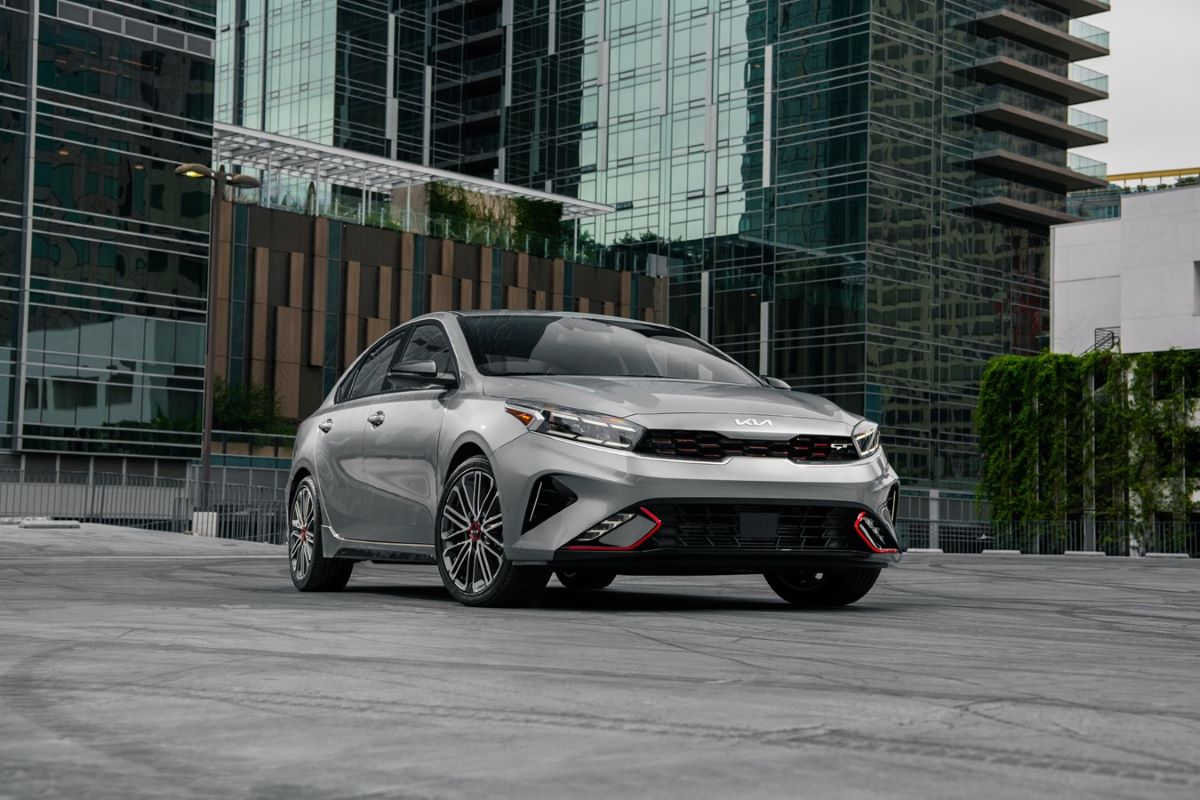 2022 Kia Forte, one of the least reliable cars for rideshare driving, parked in a city setting